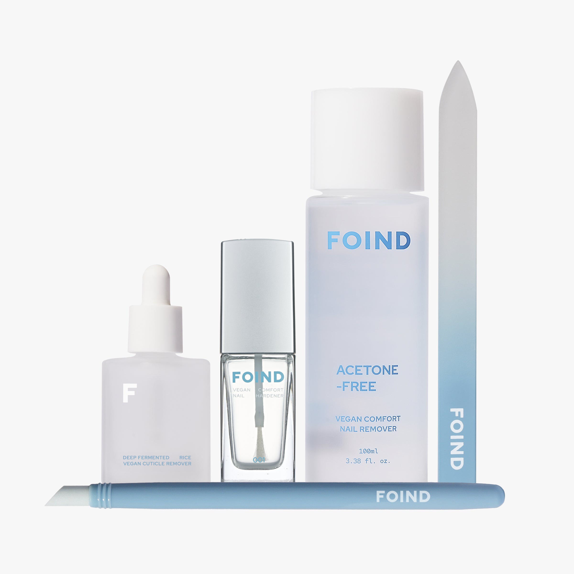 FOIND remover, cuticle oil, hardener and glass file lineup
