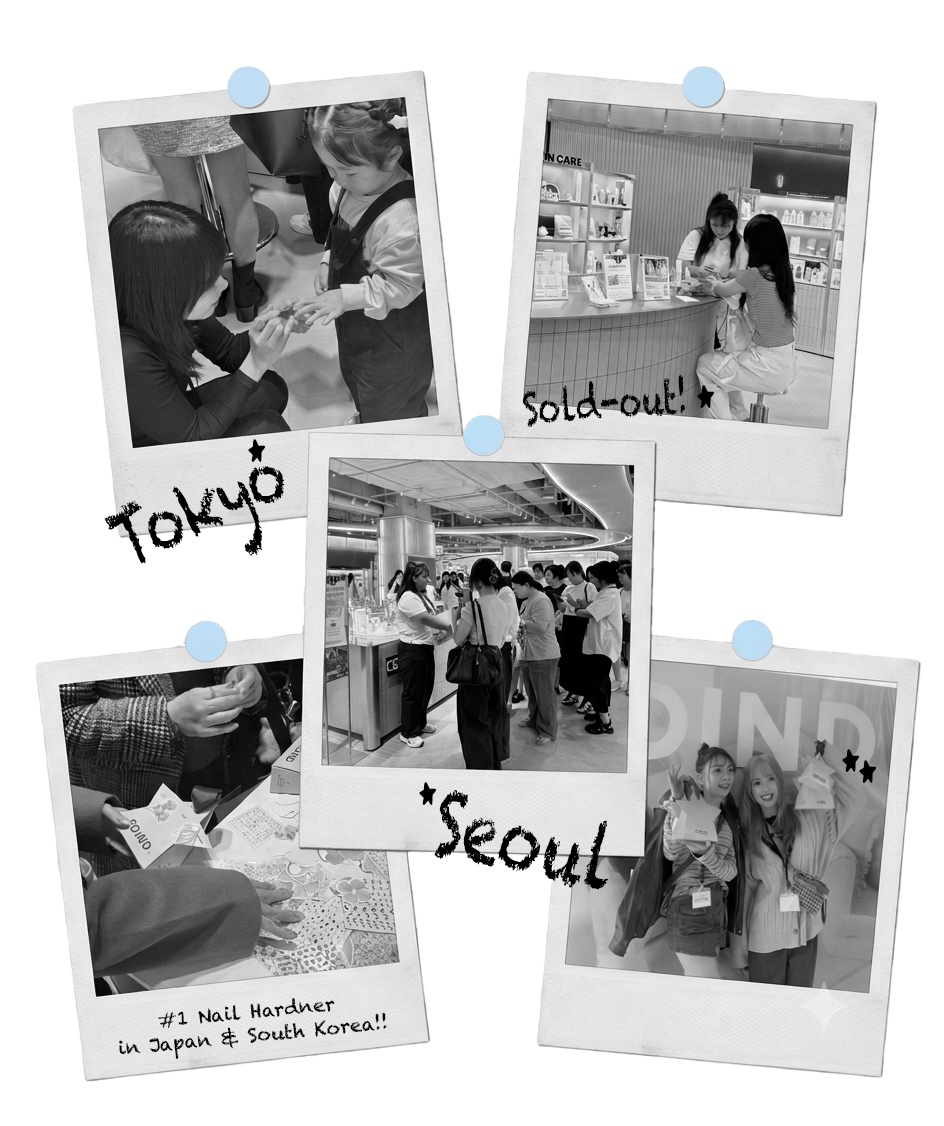 Polaroid-style photo collage from Tokyo and Seoul pop-up stores, with a sold-out note