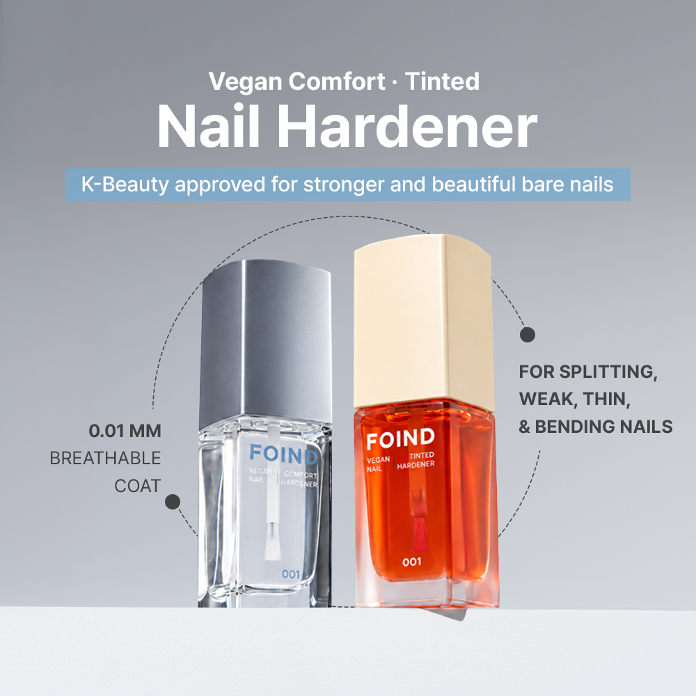 Vegan Comfort and Tinted Nail Hardener product banner with key benefits