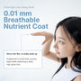 Woman gesturing next to text about a 0.01 mm breathable nutrient coat
