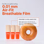 Three tinted hardener bottles next to a donut, 0.01 mm air-fit breathable film